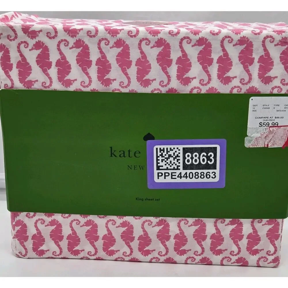Kate Spade White w/Pink Seahorses Cotton Percale Coastal KING Sheet 4pc SET NEW